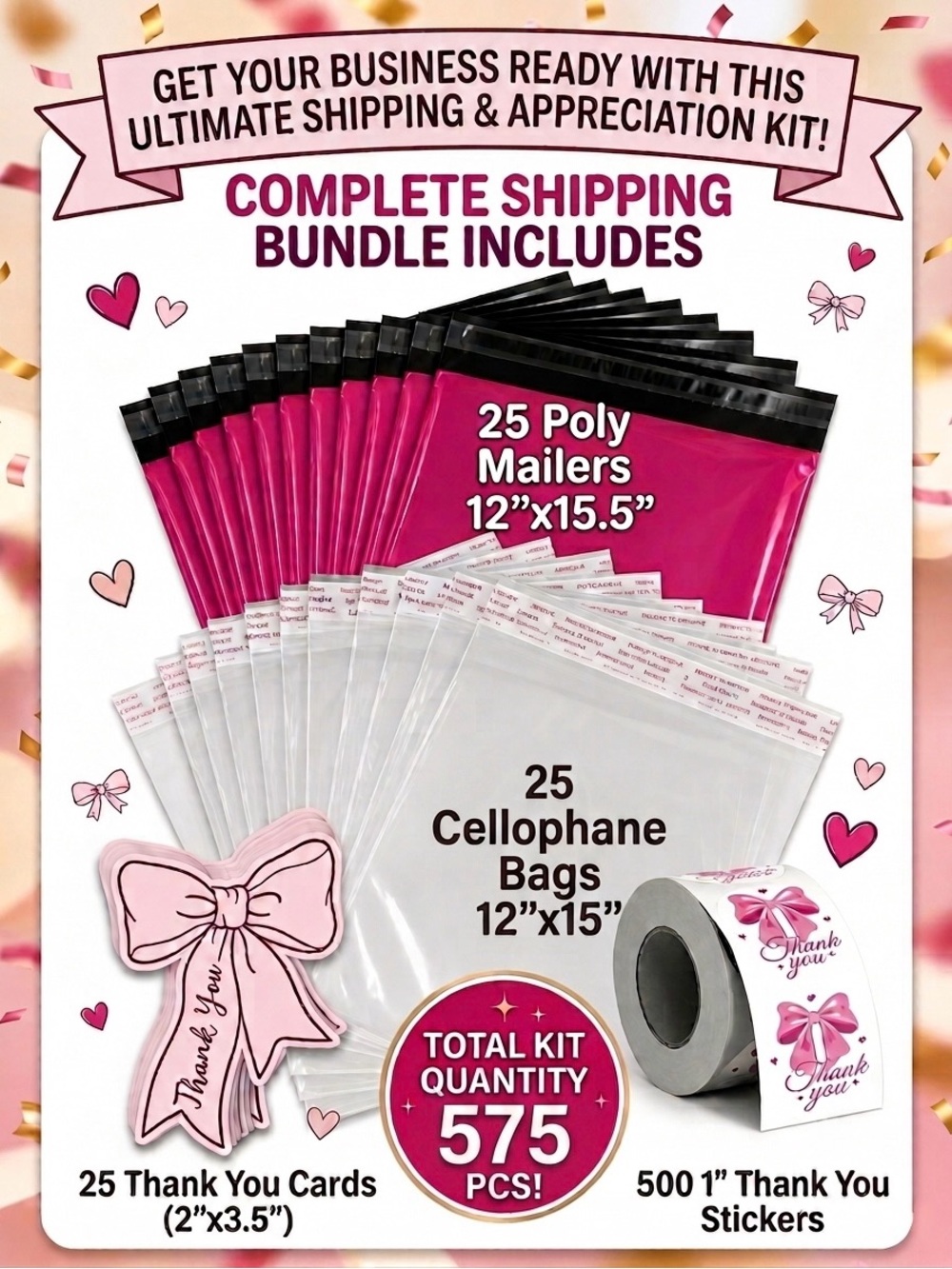 575pc Bundle: 25 Large Poly Mailers, 25 Cello Bags, 25 Cards & 500 Stickers - Picture 14 of 14